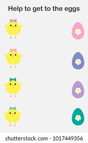 Chick cartoon style, help to get to eggs, color of egg the same color of bow on head, education paper easter game for the development of preschool children, printable worksheet, vector illustration
