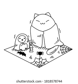 Chick and cat with halloween doodle night