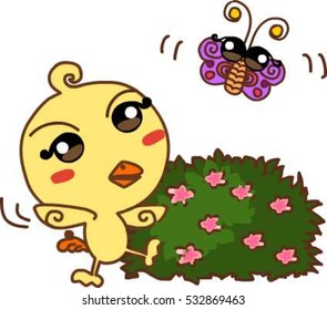 chick catching a butterfly. 