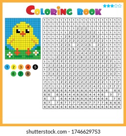 Chick or chicken. Color by numbers. Coloring book for kids. Colorful Puzzle Game for Children with answer.