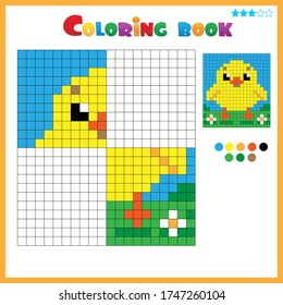 Chick or chicken. Color the image symmetrically. Coloring book for kids. Colorful Puzzle Game for Children with answer.