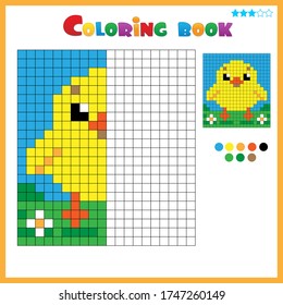 Chick or chicken. Color the image symmetrically. Coloring book for kids. Colorful Puzzle Game for Children with answer.