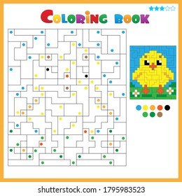 Chick or chicken. Coloring book for kids. Colorful Puzzle Game for Children with answer.