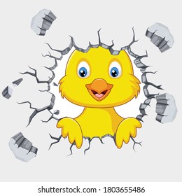 Chick comes out from an crack wall cartoon vector art and illustration