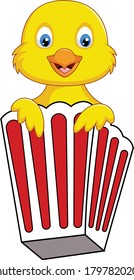 Chick comes out from popcorn box cartoon vector art and illustration