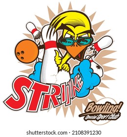 Chick coming out of a pin doing a thumbs up with sunglasses, Bowling ball making a strike destroying the pins.