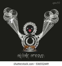 Chick cream graphics
Small black bird, two ice cream cone architectural design logo sign decoration penguin wing beak cold sweetness circle ornament text vector illustration eps10 stock handmade