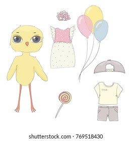 Chick. Cute animal vector. Clothes and accessories. 