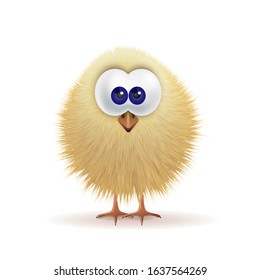 Chick. Cute baby bird. Yellow fluffy fledgling. Big-eyed nestling. Adorable chick in 3d style for Easter greeting card, web. Happy Easter. Vector illustration isolated on white background.