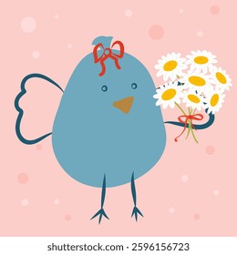 Chick with daisy flowers, vector illustration