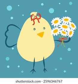 Chick with daisy flowers, vector illustration