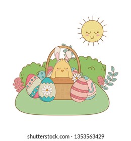 chick with ears rabbit in basket and eggs painted garden scene