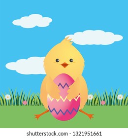 chick with easter eggs
