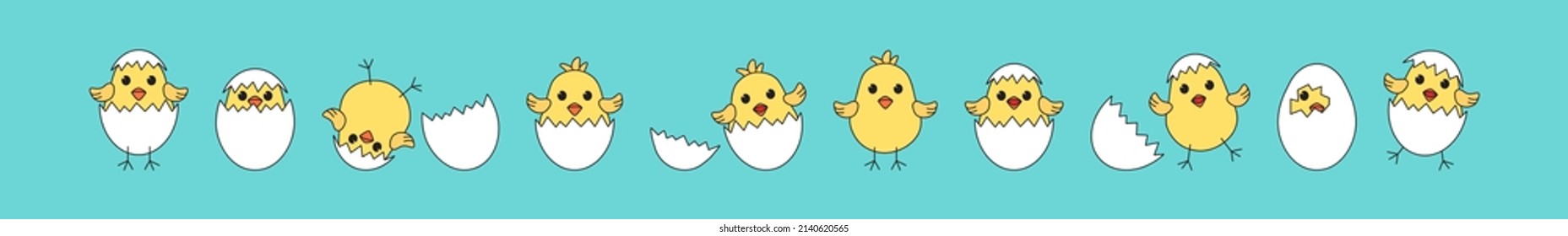 Chick Easter vector, cartoon eggand chicken baby, cute little bird, yellow funny animal set on blue background. Simple drawing illustration
