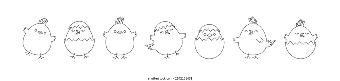 Chick Easter vector line icon, cartoon chicken baby and egg, cute little bird, outline funny animal set isolated on white background. Simple drawing illustration