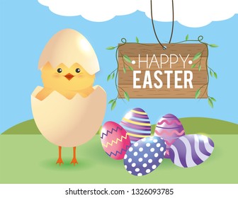 chick with egg broken and easter eggs decoration