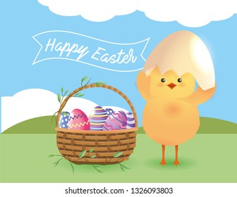 chick with egg broken and easter eggs inside basket