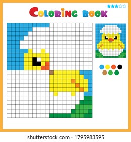Chick with egg. Color the image symmetrically. Coloring book for kids. Colorful Puzzle Game for Children with answer.