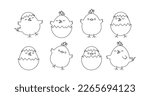 Chick egg, Easter chicken vector icon, cute line bird with shell, outline character set coloring page. Black animal illustration isolated on white background