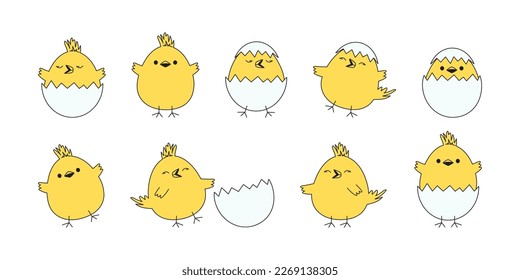 Chick and egg, Easter chicken vector icon, cartoon baby bird with shell, yellow little animal character set. Cute illustration isolated on white background