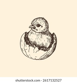 Chick in the egg shell sketch outline illustration. Chicken doodle drawing in engraving style. Hand drawn vector line art clipart