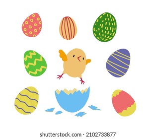 chick and eggs set. Cute hand draw of chicks with an egg. children's print. Vector illustration on white background.