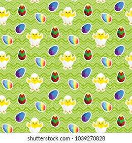 Chick in Eggshell. Easter eggs. Happy Easter. Vector illustration. Seamless pattern. Flat design style. Swatch inside