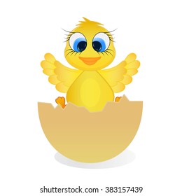 The chick in the eggshell. Isolated on white. Illustration of a cute happy little yellow Easter chick with its wings outstretched. Easter concept. Vector.