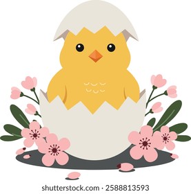 The chick emerges from the egg surrounded by flowers.