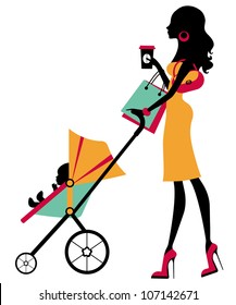 Chick Fashion Mom Shopping With Her Baby In A Stroller