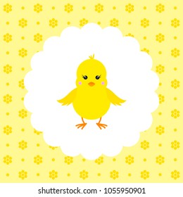Chick. Flat vector illustration on floral pattern. Can be used for design greeting card, invitation or banner. All the elements can be used as icons for mobile applications or logos
