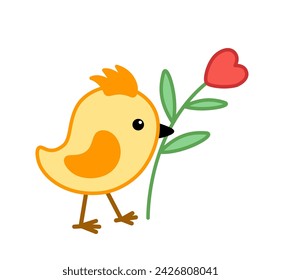 Chick with flower in form of heart. Love. Valentines day. Cartoon, vector eps 10