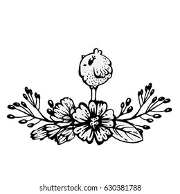 Chick in flowers. Black-and-white illustrations.