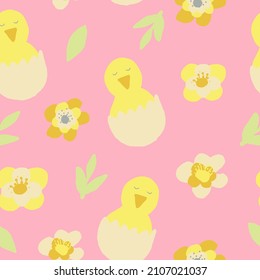 chick and flowers seamless pattern. hand drawn 