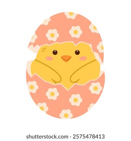 Chick hatch from cracked Easter egg. Flat vector isolated illustration