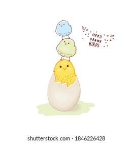 Chick. A hatched chicken. Cracked chicken egg, newborn bird cartoon. Scribble. Hand-drawn. Doodle. Domestic animal for printing on T-shirts, textiles, stripes, baby products, gifts.Vector illustration