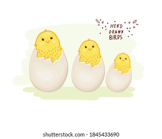 Chick. A hatched chicken. Matryoshka. Cracked chicken egg, newborn bird cartoon. Hand-drawn. Doodle. Domestic animal for printing on T-shirts, textiles, stripes, baby products.Vector illustration.