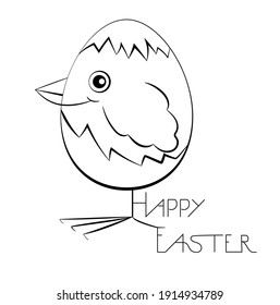 A chick hatched from an egg is painted in black, next to it is a lettering - Happy Easter. Stock vector illustration in outline style isolated on white background.
