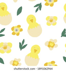 chick hatched from eggs and flowers seamless pattern. wallpaper, textiles, wrapping paper. vector hand drawn doodle. trendy colors 2021 gold, green, gray, yellow. baby, easter
