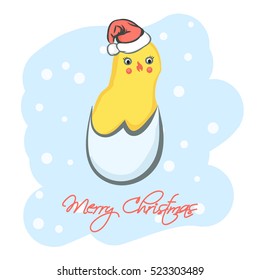 The chick hatched in the Santa hat. Vector illustration for Christmas