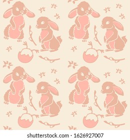 Chick hatches on beige backdrop. Easter rabbit seamless pattern for apparel, wallpaper, wrap paper, sleeper, bath tile or bed linen. Phone case or cloth print. Drawn style stock vector illustration