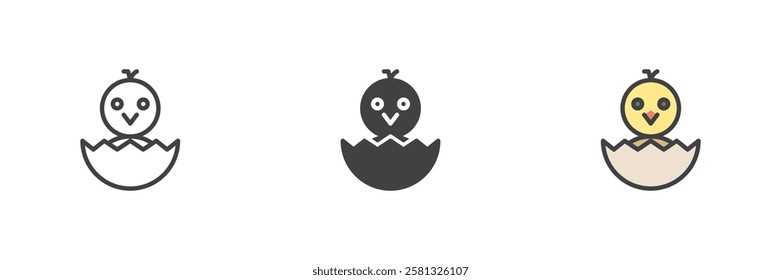 Chick hatching from an egg different style icon set. Line, glyph and filled outline colorful version, outline and filled vector sign. Symbol, logo illustration. Vector graphics
