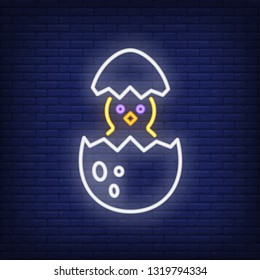 Chick hatching from egg neon sign. Poultry design. Night bright neon sign, colorful billboard, light banner. Vector illustration in neon style.