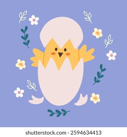 Chick hatching from an eggshell, surrounded by small flowers and leaves on a pastel background. Suitable for greeting cards, invitations, prints, packaging, and holiday decorations