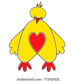 Chick with the heart on her belly. Funny character vector illustration for Valentine's day.