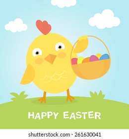 Chick holding a basket with Easter eggs