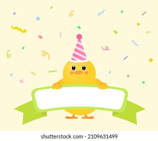 A chick icon a cone hat and celebrated my birthday illustration set. Notepad, animal icon, firecracker, confetti. Vector drawing. Hand drawn style.