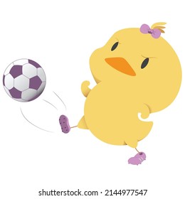 A chick kicking a soccer ball