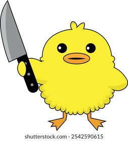 Pollito con cuchillo en la mano, ilustración divertida, patito con cuchillo en el ala, divertido, amarillo