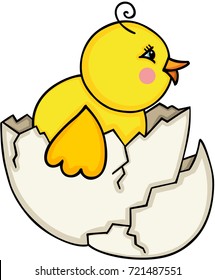 Chick leaving cracked egg
